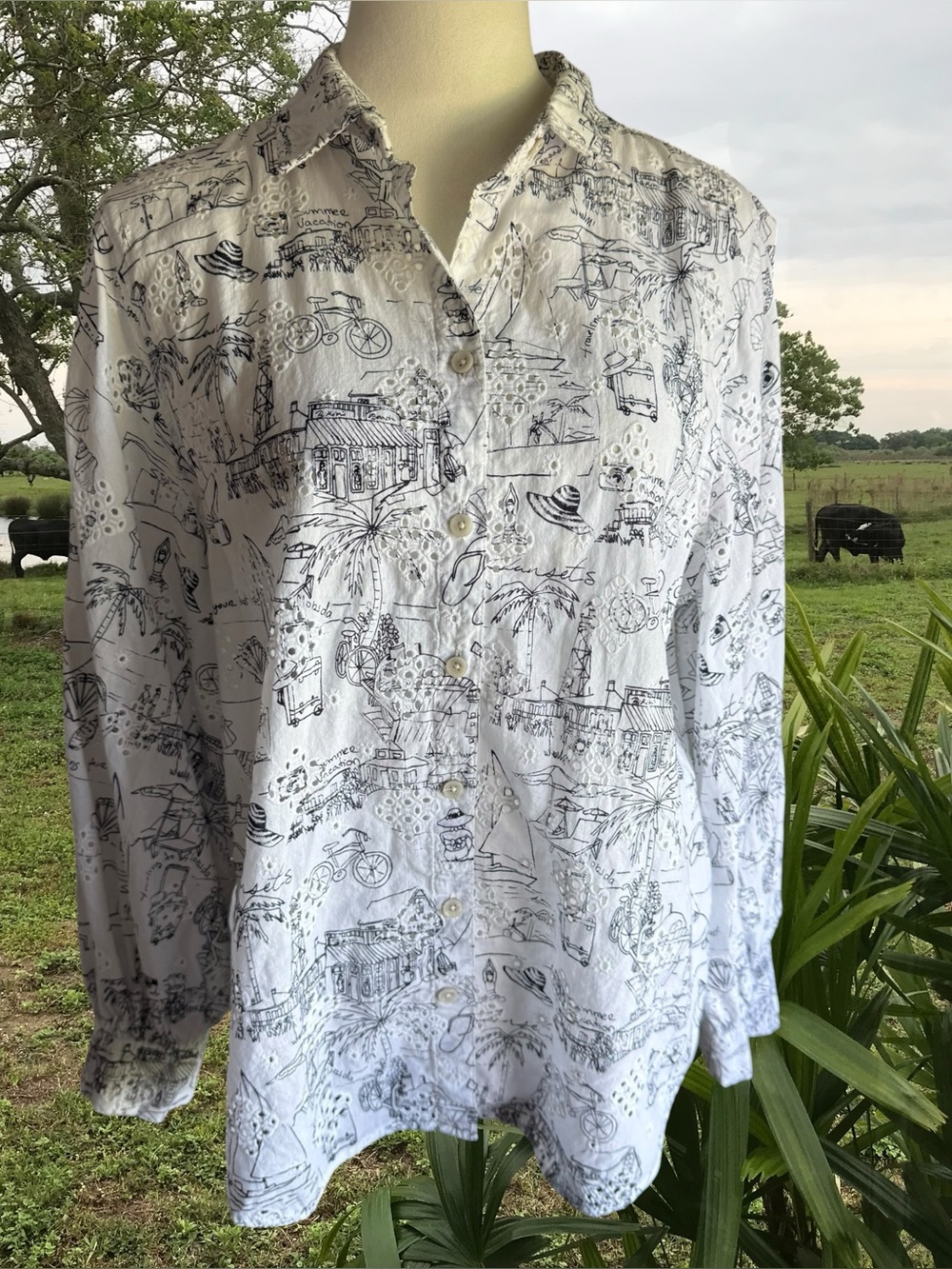 Chico’s Women’s White & Black Patterned Button-Up Shirt with an Eyelet Design